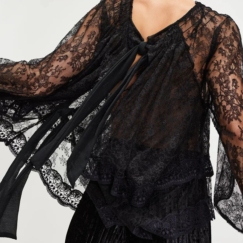 Women Sheer Lace Long Sleeve Tops Off Shoulder Lantern Sleeves Tiered Lace Solid Color See Through Tee Shirts