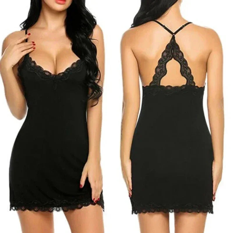 Summer Women's Fashionable Silk Satin Patchwork Lace Suspender with Back Lace Decoration Dress for Home Pajamas