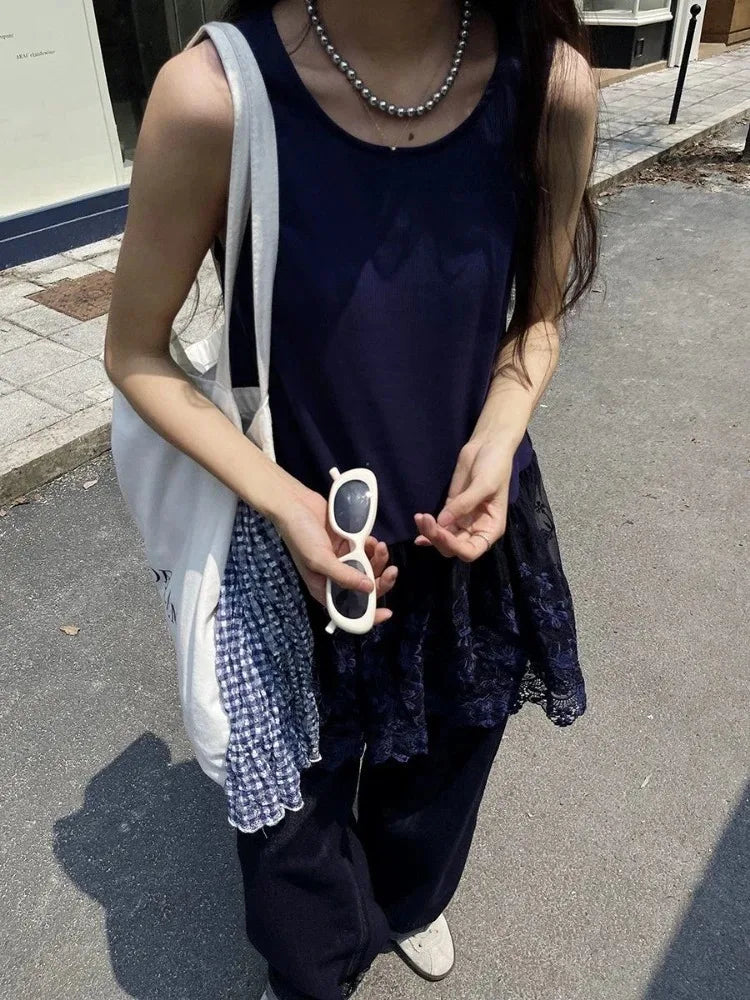 Women Clothing Fashion Vest O-neck Sleeveless Tunic Camis Y2k Tops 2025 Ropa Mujer Patchwork Lace Top Casual Loose Summer Tanks
