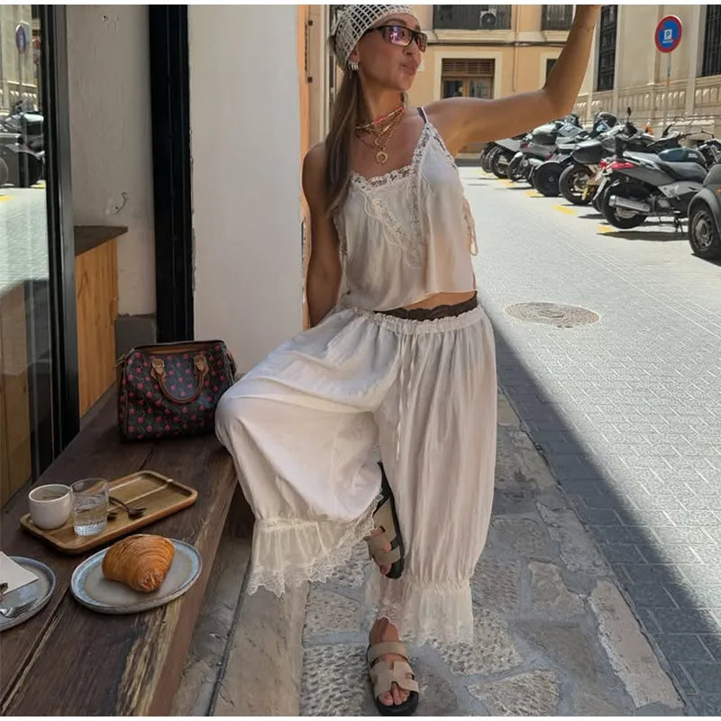2025 Fashion Ruff Long Pants Women Casual Pleated Lace Lace Up Patchwork Straught Pants Lady Summer Chic Holiday Streetwear