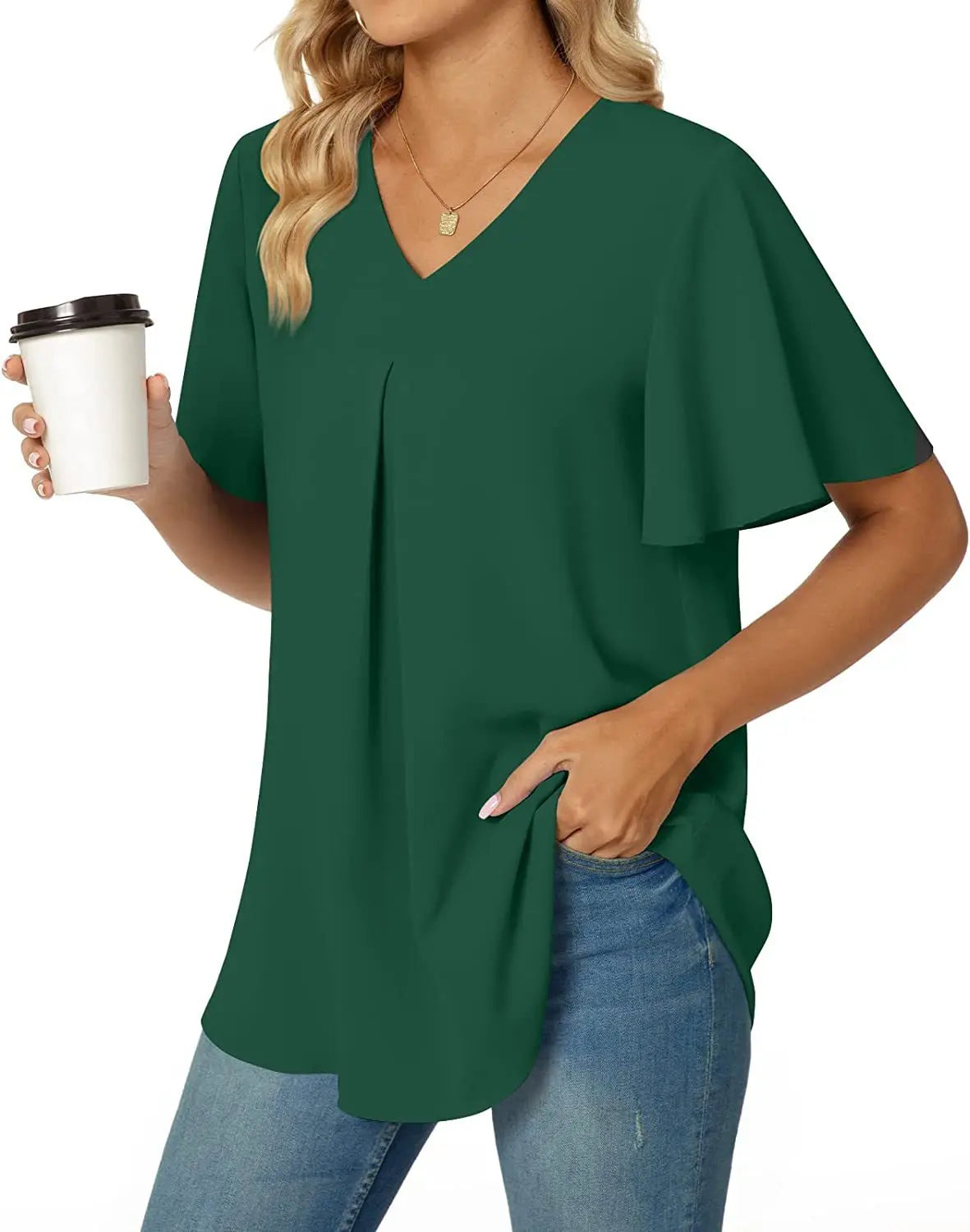 Sexy V Neck Ruffle Short Sleeve Blouse Shirts Summer Women V Neck Solid Color Loose OL Workout Blouse Tops SZE-ST23015