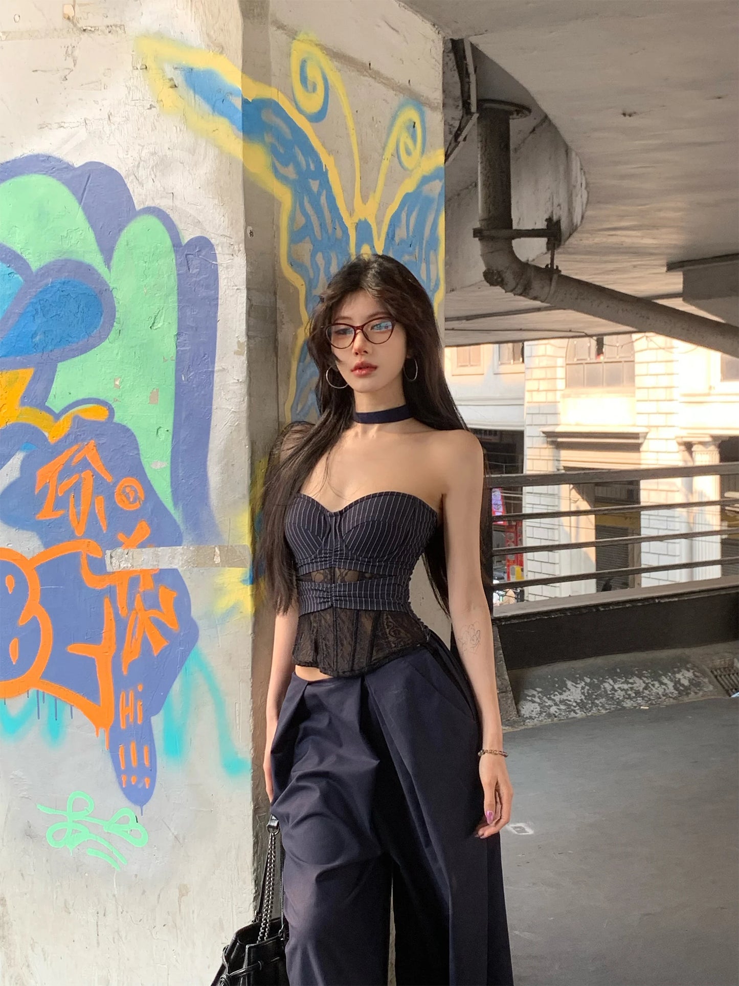 High Quality Hot Selling Wholesale Lace Vest Camisole Women's 2025 New Striped Patchwork Fishbone Corset Strapless Top Y2k Sexy