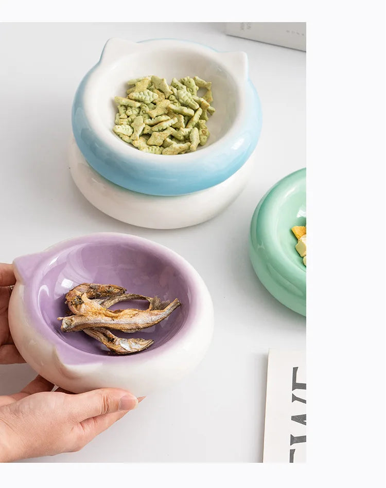 Creative Ceramic Flat Bottomed Cat Ear Shape Food Bowl Dining Plate Anti Overturning Pet Supplies Drinking Bowl