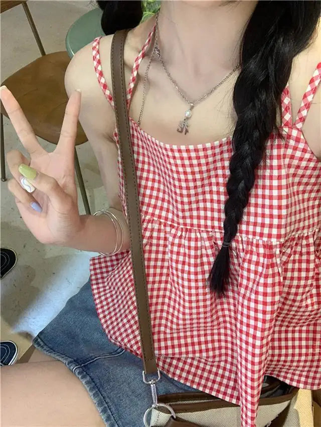 Red Plaid Camisole Women Backless Hotsweet Bandage All-match Loose College Personality Chic Summer Korean Style Fashion Ulzzang