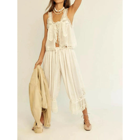 Combhasaki Women 2Pc Chic Outfits Set Floral Lace Trim Patchwork Sleeveless Tie Front Tank Vest+Drawstring Cropped Lantern Pants