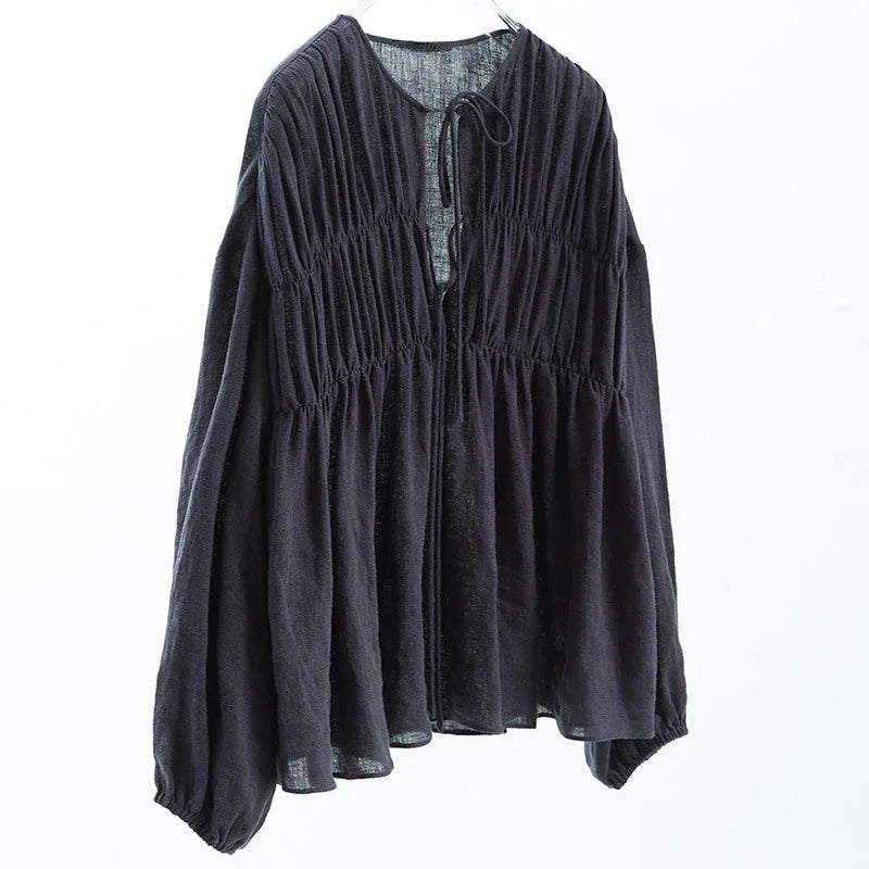 Komiyama  O Neck Lace Up Shirts Blouses Vintage Elegant Pleated Blusas Mujer Spring Clothes Women Japan Fashion Shirt Tops