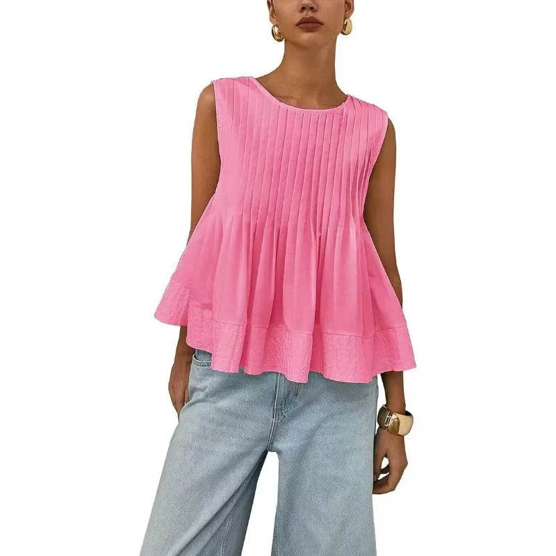 Women Sweet Ruffle Hem Vests Solid Color Summer Fashion Streetwear Female Sleeveless O-neck Tops Lady Casual Loose Camisole