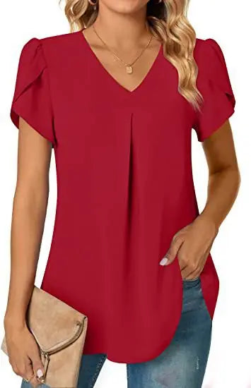 Sexy V Neck Ruffle Short Sleeve Blouse Shirts Summer Women V Neck Solid Color Loose OL Workout Blouse Tops SZE-ST23015