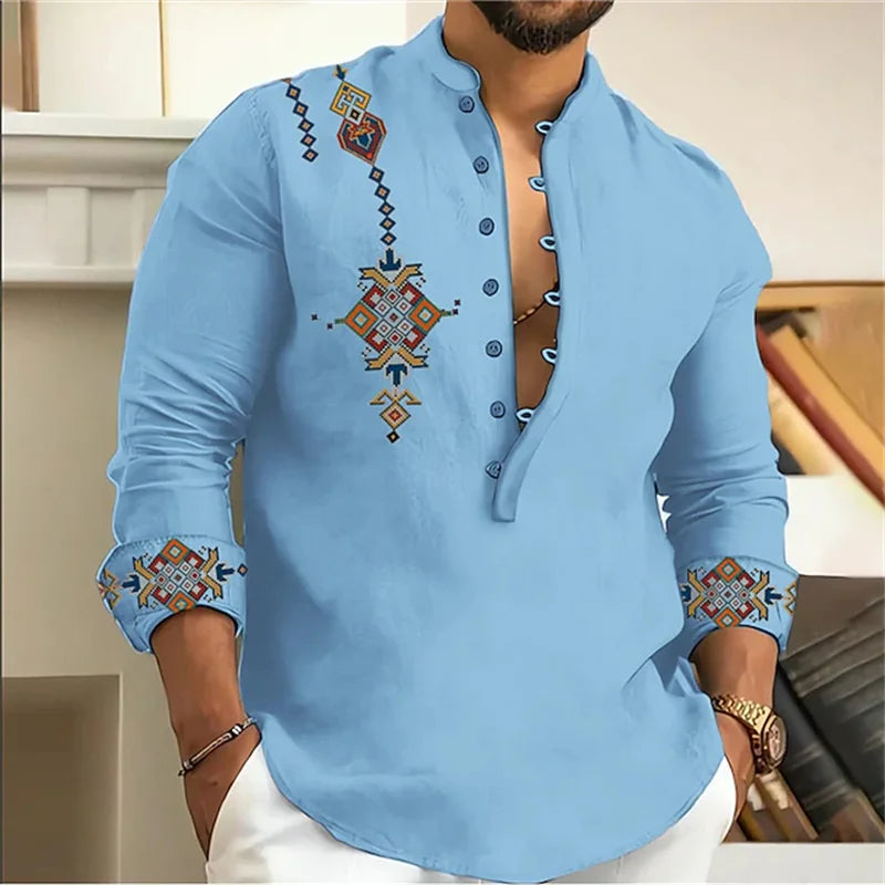 15-color men's shirt tribe pattern printing retro geometry leads outdoor street long-sleeved shirt super large size XS-6XL