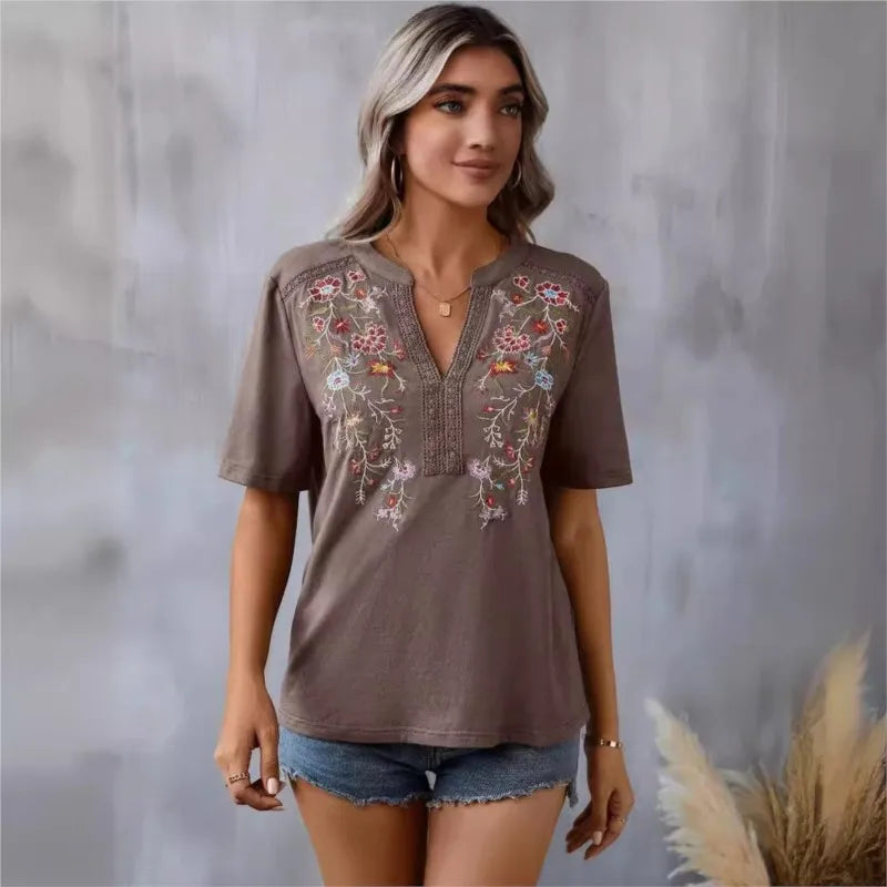 Ladies' Retro Casual Chic Embroidered Women's Shirt With Lace And Lace Stitching, V-neck Loose And Comfortable Top, Women's T