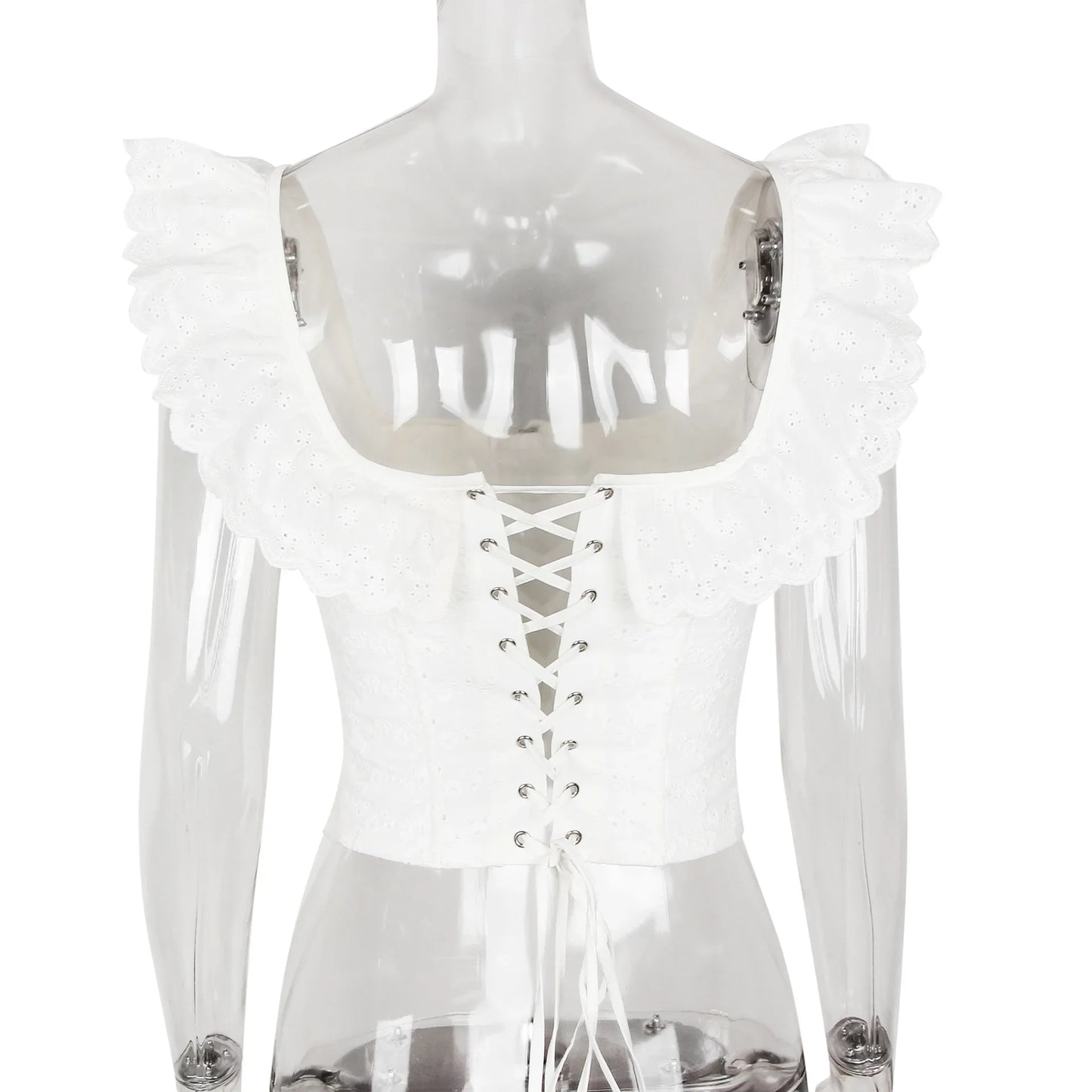 Elegant White Lace Ruffle Corset Vest Women Chic Square Neck Off Shoulder Cropped Tank Top New 2025 Lady Daily Streetwear Summer