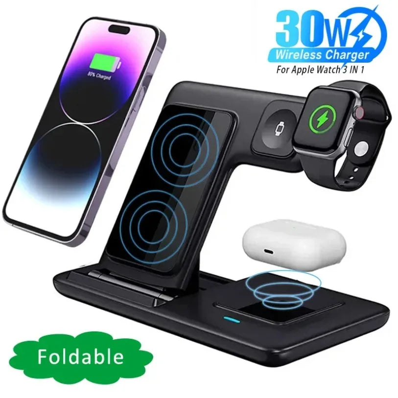 3 in 1 Wireless Charger Stand  For iPhone 16 15 14 13 12 11 X  iWatch 8 7 6  Airpods Pro 30W Foldable Fast Charging Dock Station