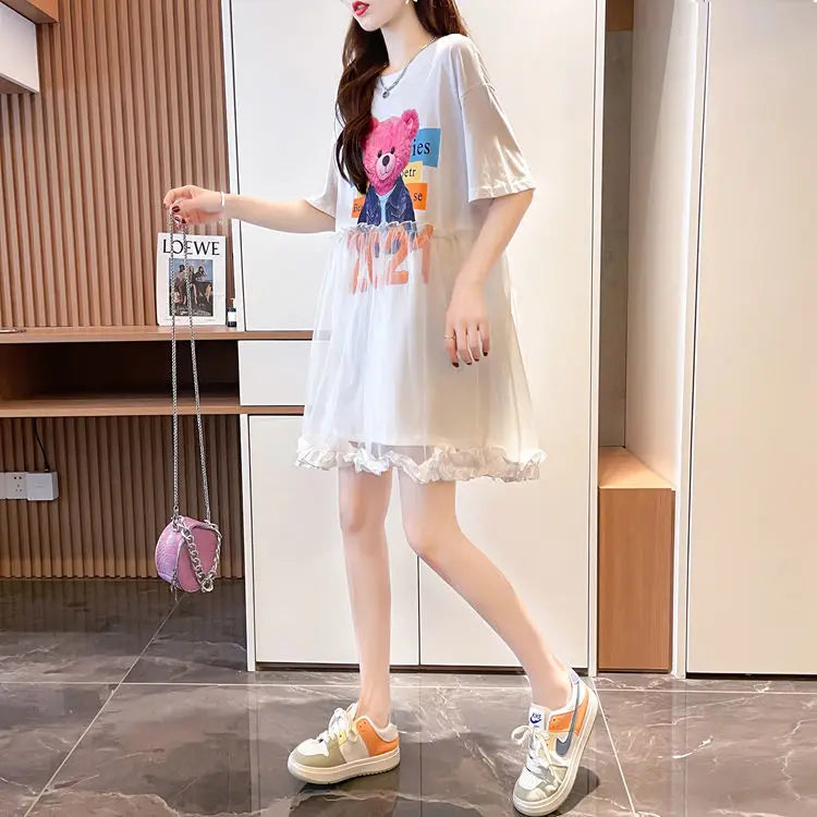 T Shirt Dress Woman Short Sleeve Summer Lace Clothing Women's Top Funny Fitted Slim Causal Long Graphic O Tall Kpop Cute Tees Xl