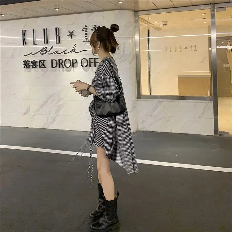 Korean Plaid Printed Loose Midi Dress Summer Short Sleeve Stylish Shirring Drawstring Female Irregular Casual O-Neck Dresses New
