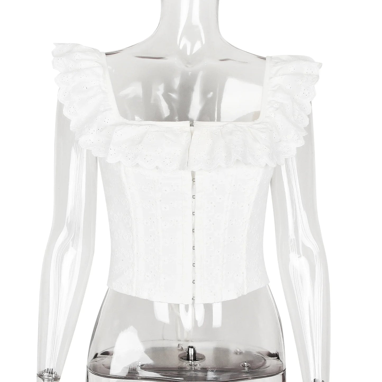 Elegant White Lace Ruffle Corset Vest Women Chic Square Neck Off Shoulder Cropped Tank Top New 2025 Lady Daily Streetwear Summer