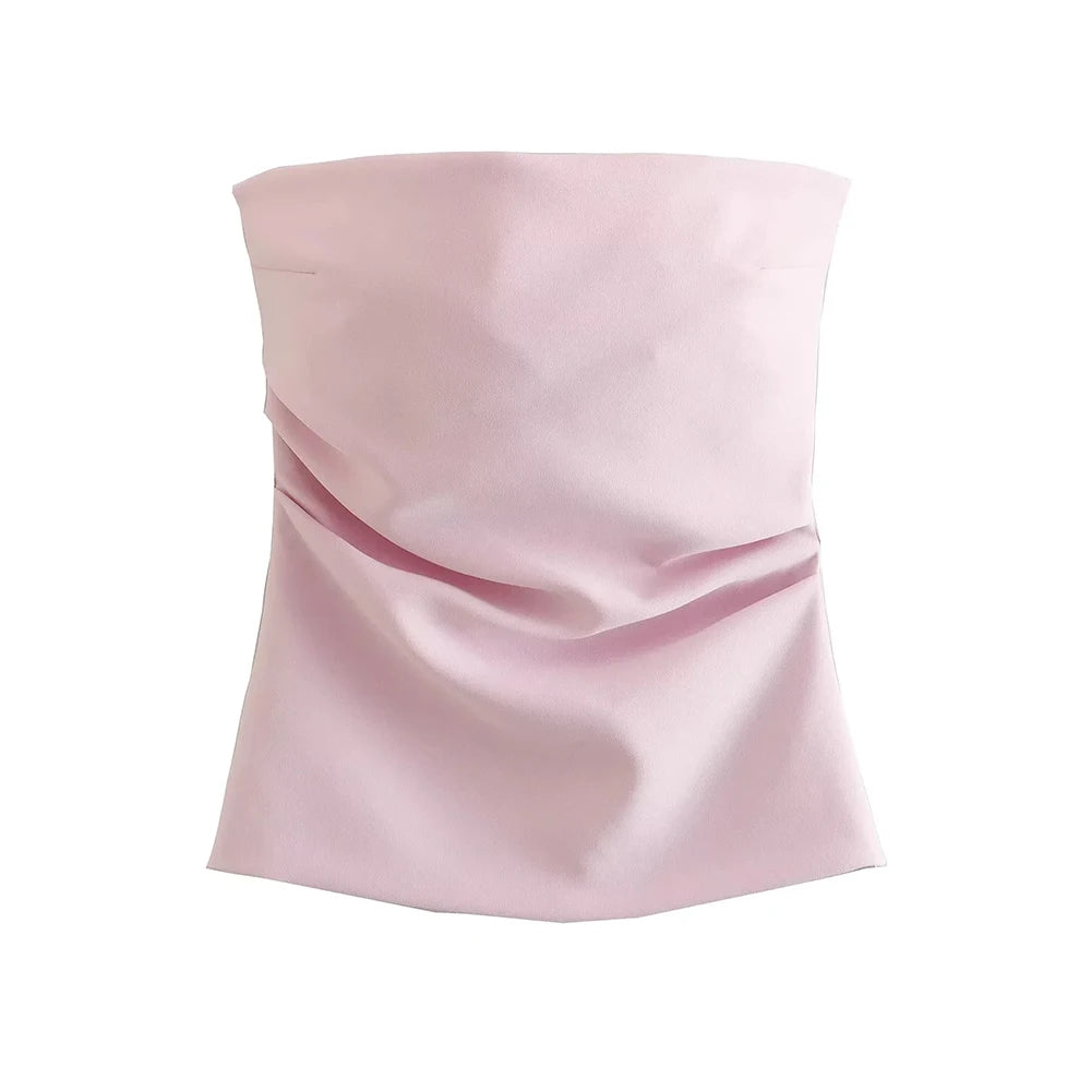 TRZA-Strapless Draped Bustier Tops for Women, Straight Neck, Back Zipper, Female Camis, Fashion