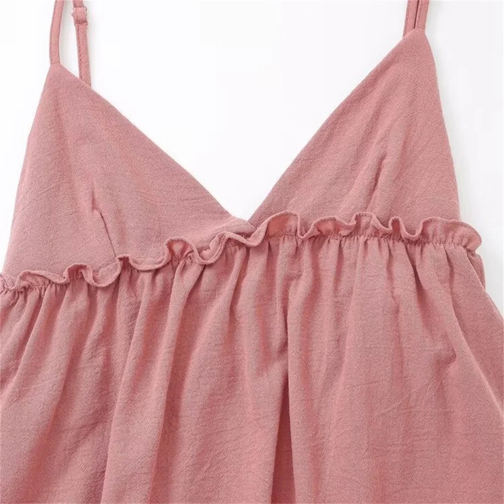 2024ZAR4 summer new women's European and American style top with a unique combination of lace up and ruffle suspender
