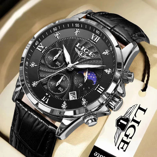 New Mens Watches LIGE Top Brand Luxury Leather Casual Quartz Watch Men's Sport Waterproof Clock Watch Relogios Masculino+Box