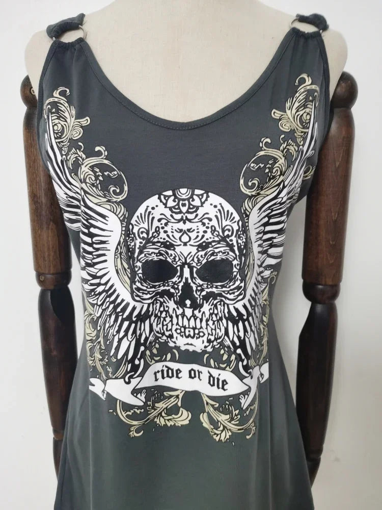 Skull Print Tank Top Women Summer New Sexy Tee Streetwear Round Neck Casual Loose Long Tops Black Fashion