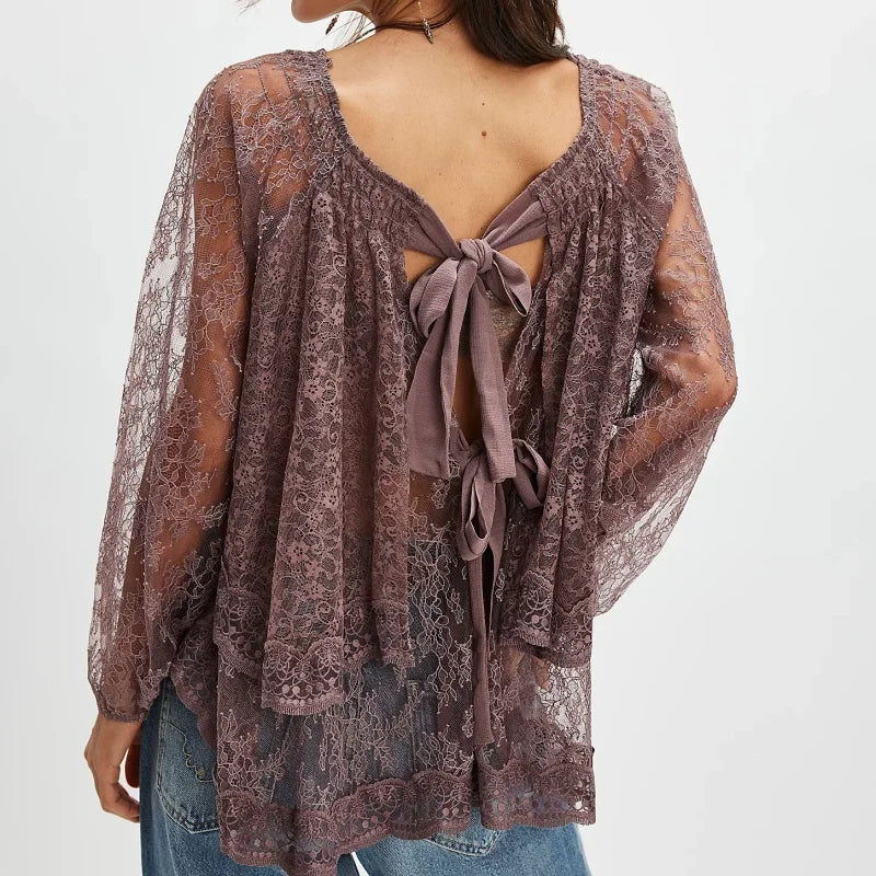 Women Sheer Lace Long Sleeve Tops Off Shoulder Lantern Sleeves Tiered Lace Solid Color See Through Tee Shirts