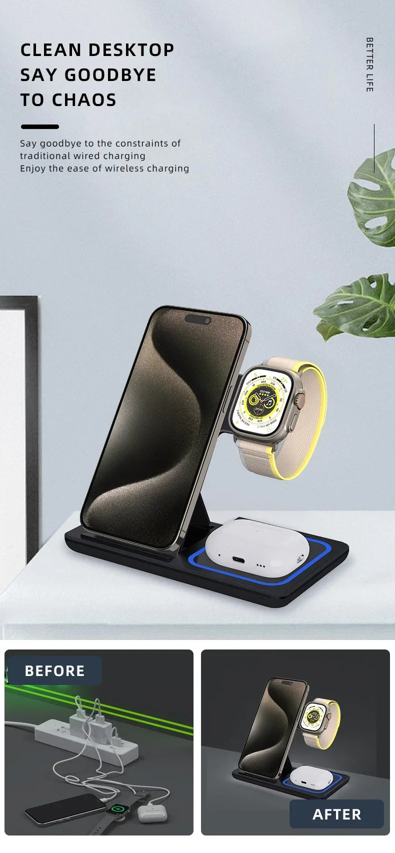 3 in 1 Wireless Charger Stand  For iPhone 16 15 14 13 12 11 X  iWatch 8 7 6  Airpods Pro 30W Foldable Fast Charging Dock Station