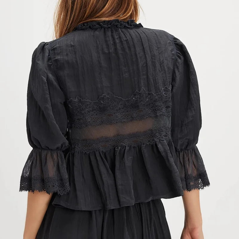 Women Ruffle Bow Tie Peplum Tops Boho Sheer Flowy Short Sleeve Blouse Lace Eyelet Frilly Babydoll Tees Shirt Streetwear