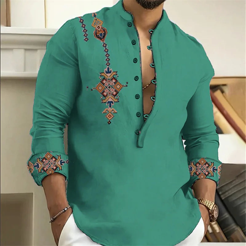 15-color men's shirt tribe pattern printing retro geometry leads outdoor street long-sleeved shirt super large size XS-6XL
