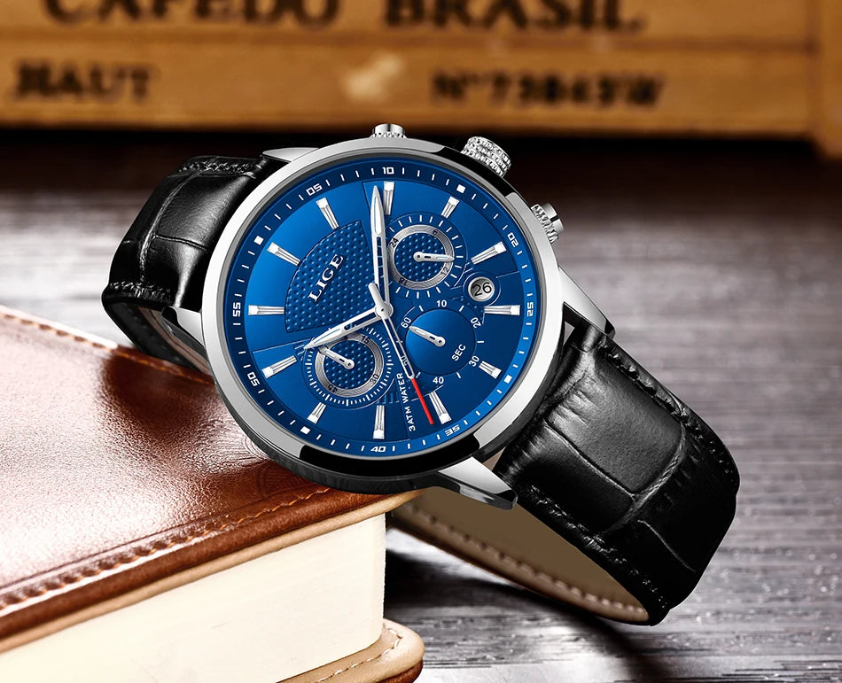 LIGE Watches Men 2024 Top Brand Luxury Casual Leather Quartz Men Watch Man Business Clock Male Sport Waterproof Date Chronograph
