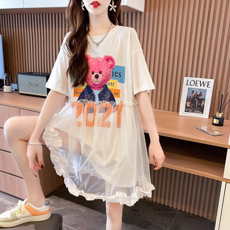 T Shirt Dress Woman Short Sleeve Summer Lace Clothing Women's Top Funny Fitted Slim Causal Long Graphic O Tall Kpop Cute Tees Xl