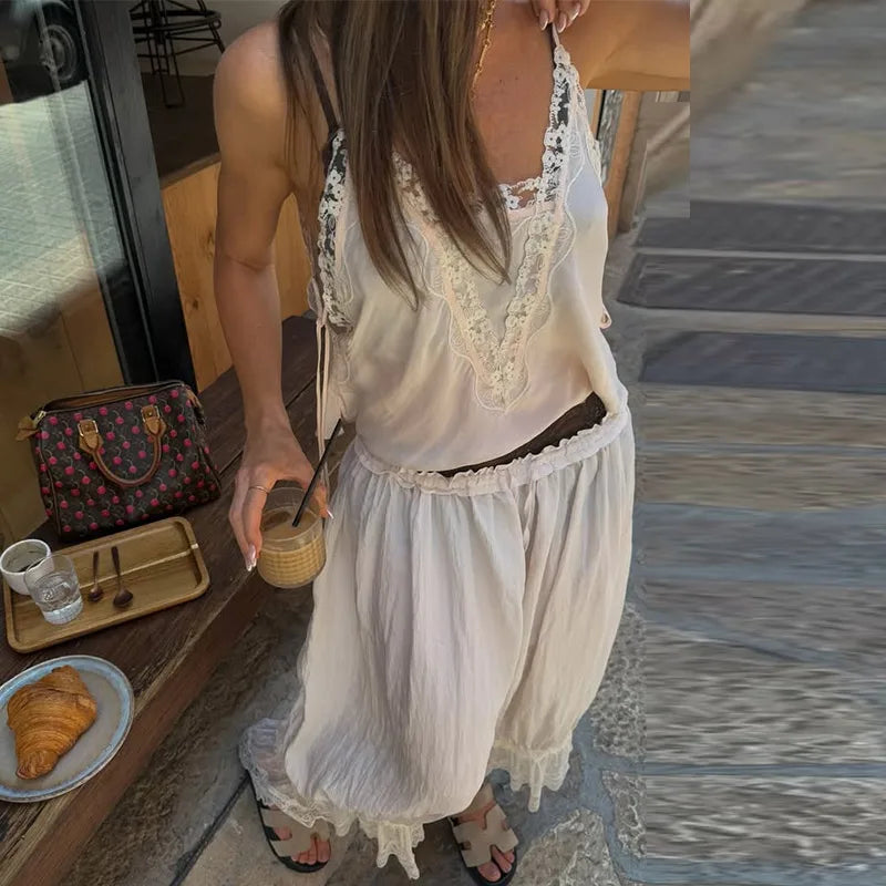 2025 Fashion Ruff Long Pants Women Casual Pleated Lace Lace Up Patchwork Straught Pants Lady Summer Chic Holiday Streetwear