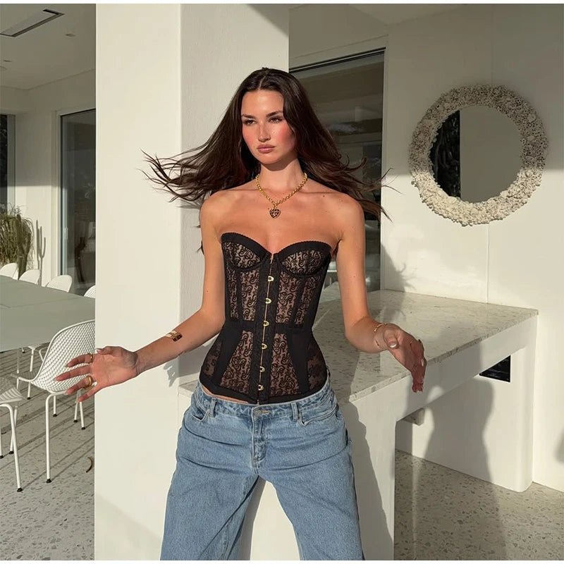 Sexy Lace Strapless Hollow Out Corset Women Bandage Party Wear Off Shoulder Slim Chic Vest Backless Sleeveless High Street Tops