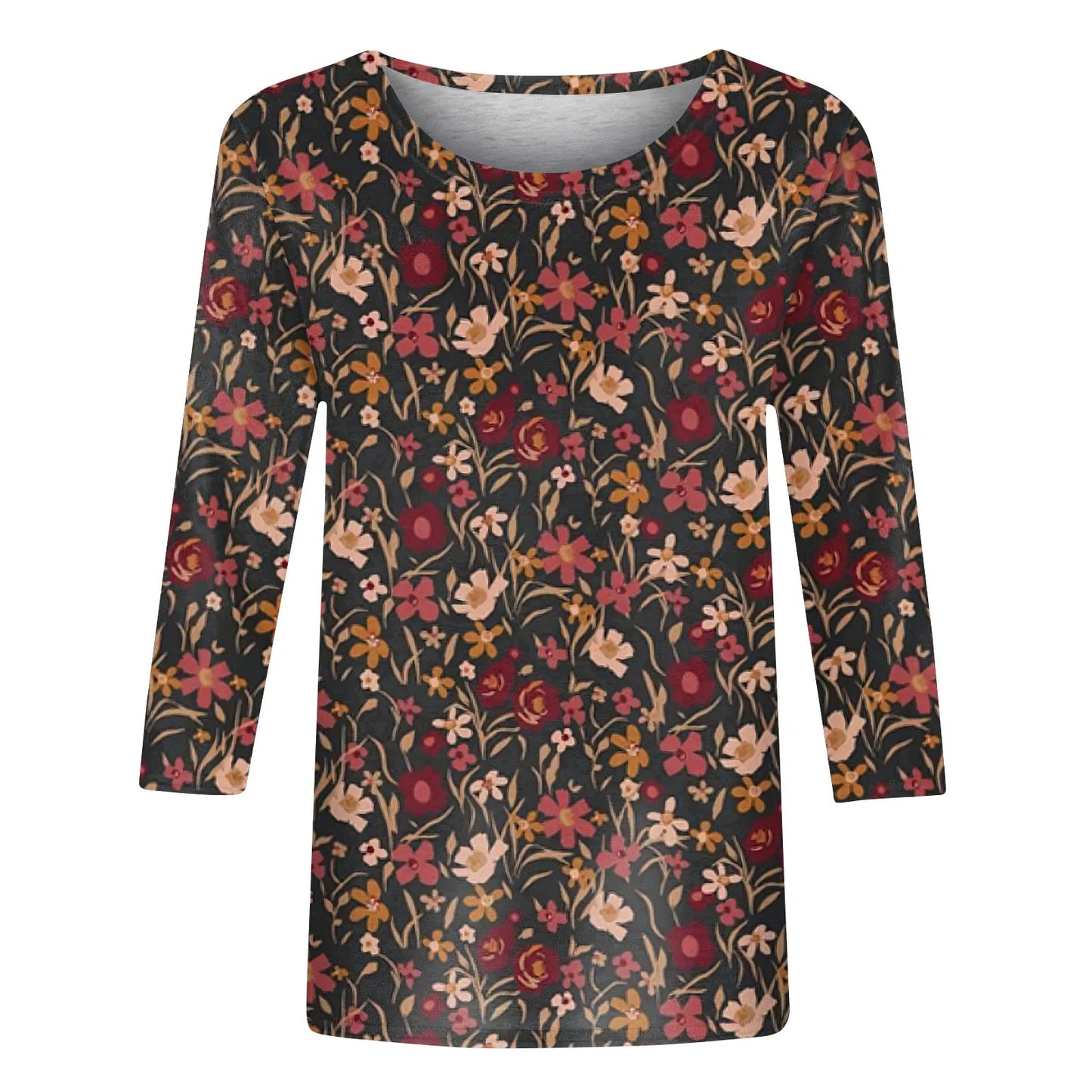 Female Clothing Delicate Fashion Shirts Floral Round Neck 3/4 Sleeves Printed Summer Women Pullover Daily Wear Vetement Femme