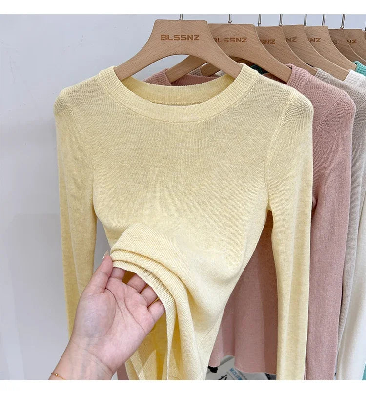 Lady Basic O-Neck Slim T-Shirt Women Solid Multi Color All-Match Trend Casual Top Screw Knit Long Sleeve Elastic Spring Office