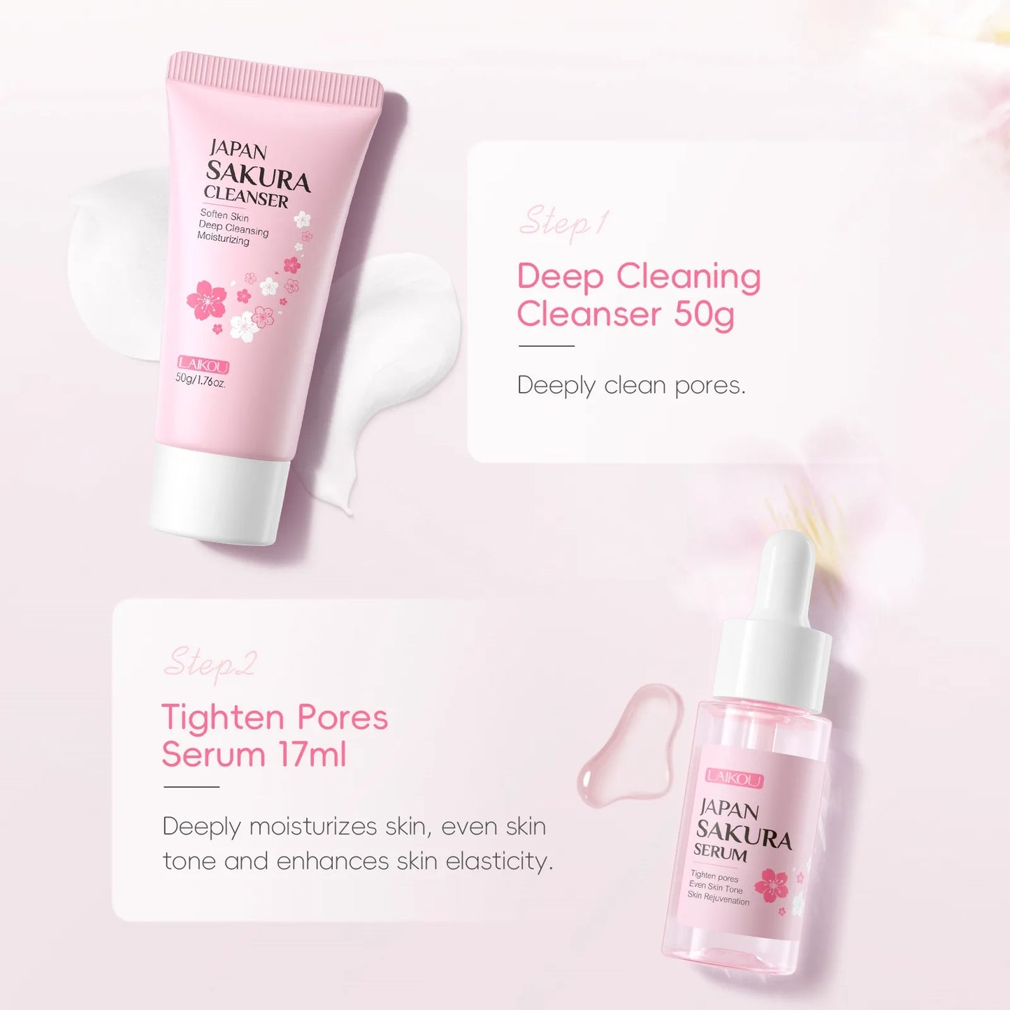 4 PCS Face Skin Care Set Cleanser Sakura Essence Cream Moisturizing Eye Cream Face Serum Improve Roughness & Dryness Skin Care