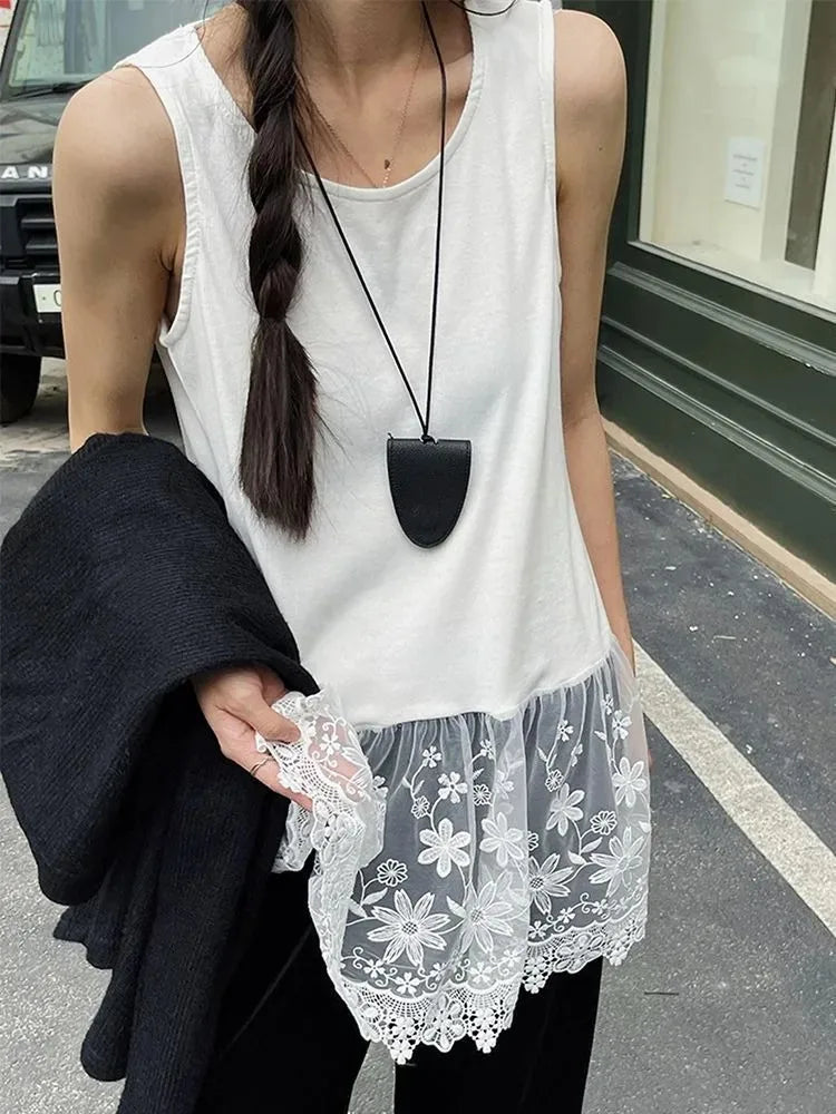Women Clothing Fashion Vest O-neck Sleeveless Tunic Camis Y2k Tops 2025 Ropa Mujer Patchwork Lace Top Casual Loose Summer Tanks