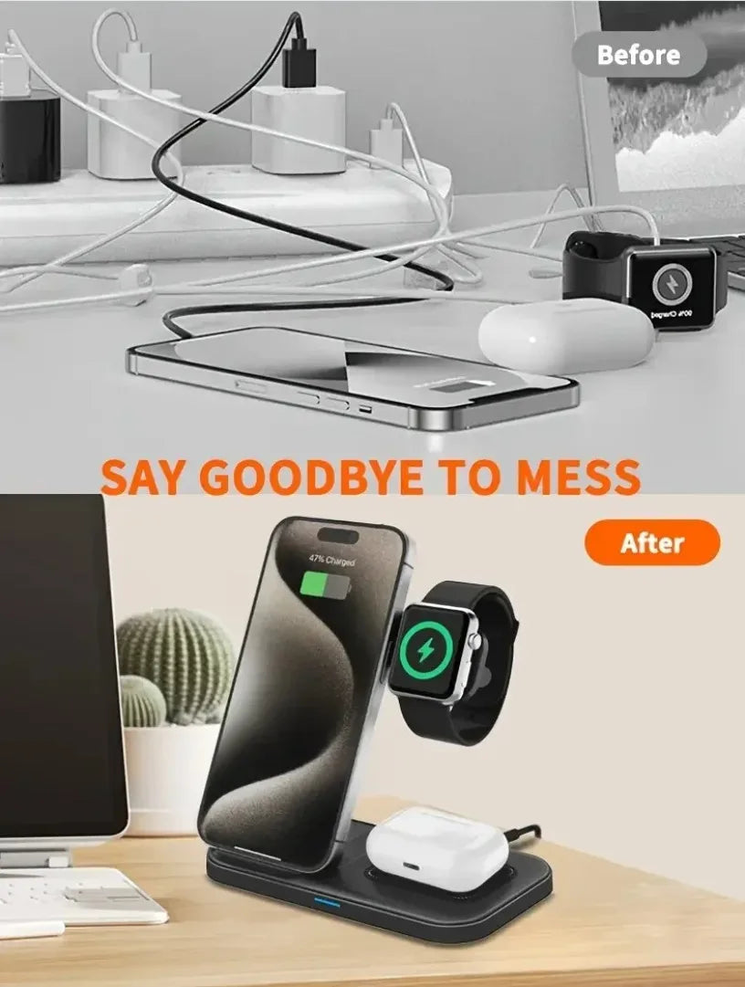 15W 3 in 1 Wireless Charger Fold Phone Chargers Desktop Charging Dock For iPhone 16-12 Pro iWatch 10~2 SE AirPods 4/3 Pro 2/1