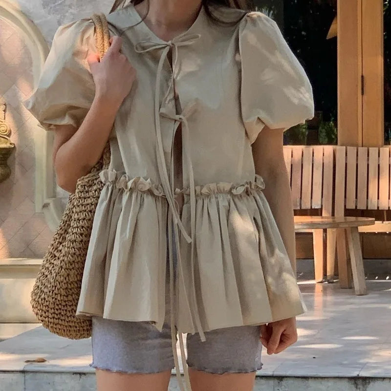 Neploe Korean Vintage O-neck Lace Up Blouses 2025 Summer New Puff Sleeve Shirts Women Y2k Slim Waist Ruched Blusas Mujer