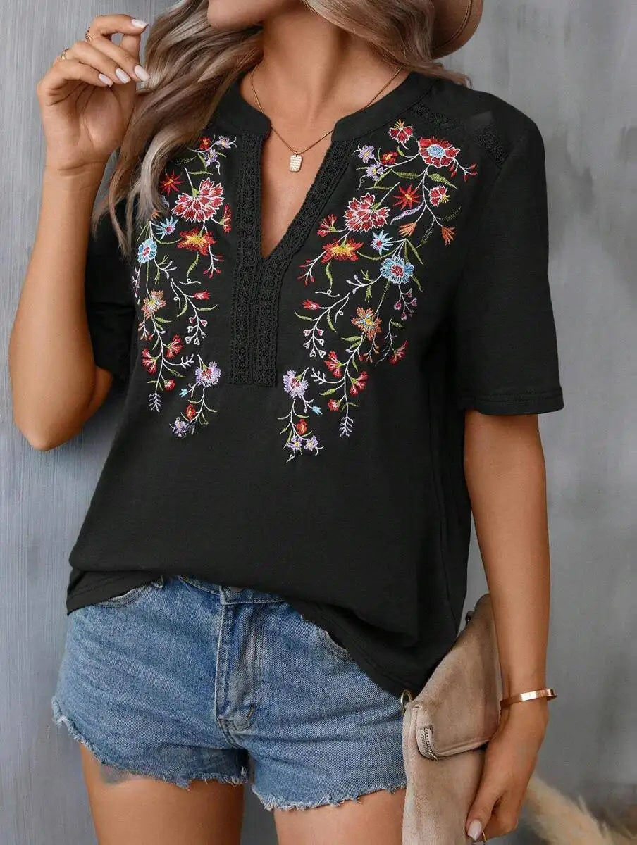 Ladies' Retro Casual Chic Embroidered Women's Shirt With Lace And Lace Stitching, V-neck Loose And Comfortable Top, Women's T