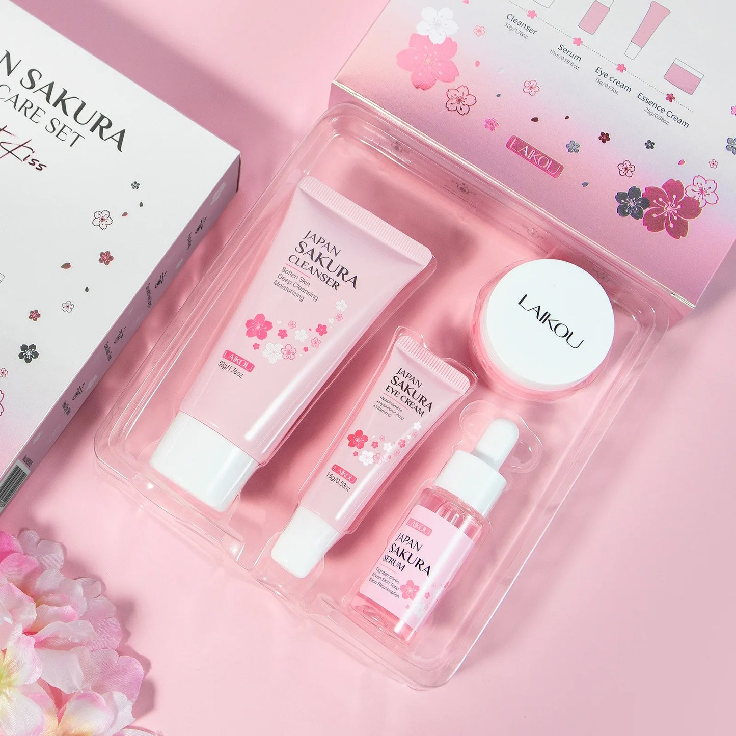 4 PCS Face Skin Care Set Cleanser Sakura Essence Cream Moisturizing Eye Cream Face Serum Improve Roughness & Dryness Skin Care