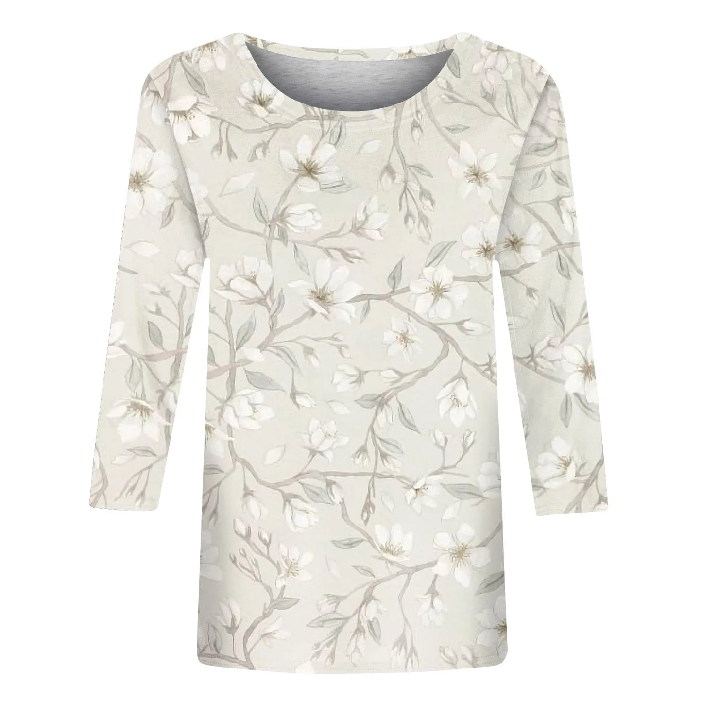 Female Clothing Delicate Fashion Shirts Floral Round Neck 3/4 Sleeves Printed Summer Women Pullover Daily Wear Vetement Femme