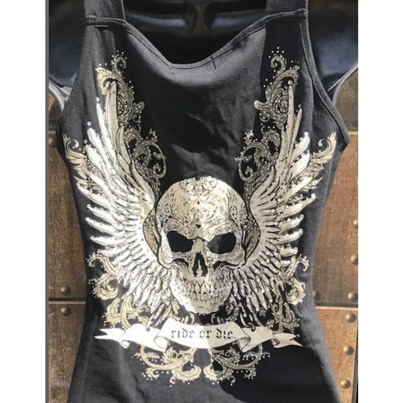 Skull Print Tank Top Women Summer New Sexy Tee Streetwear Round Neck Casual Loose Long Tops Black Fashion