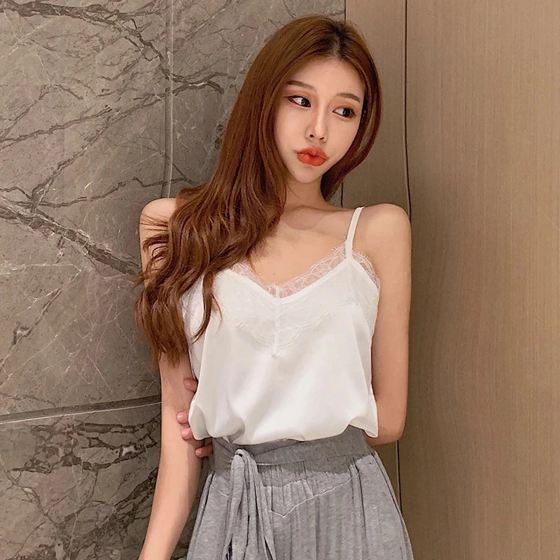 Summer with Lace Silk Top Cami for Women Spaghetti Strap Top Tank Ladies Tops White Camis Basic Tops Women 2023 Summer Fashion