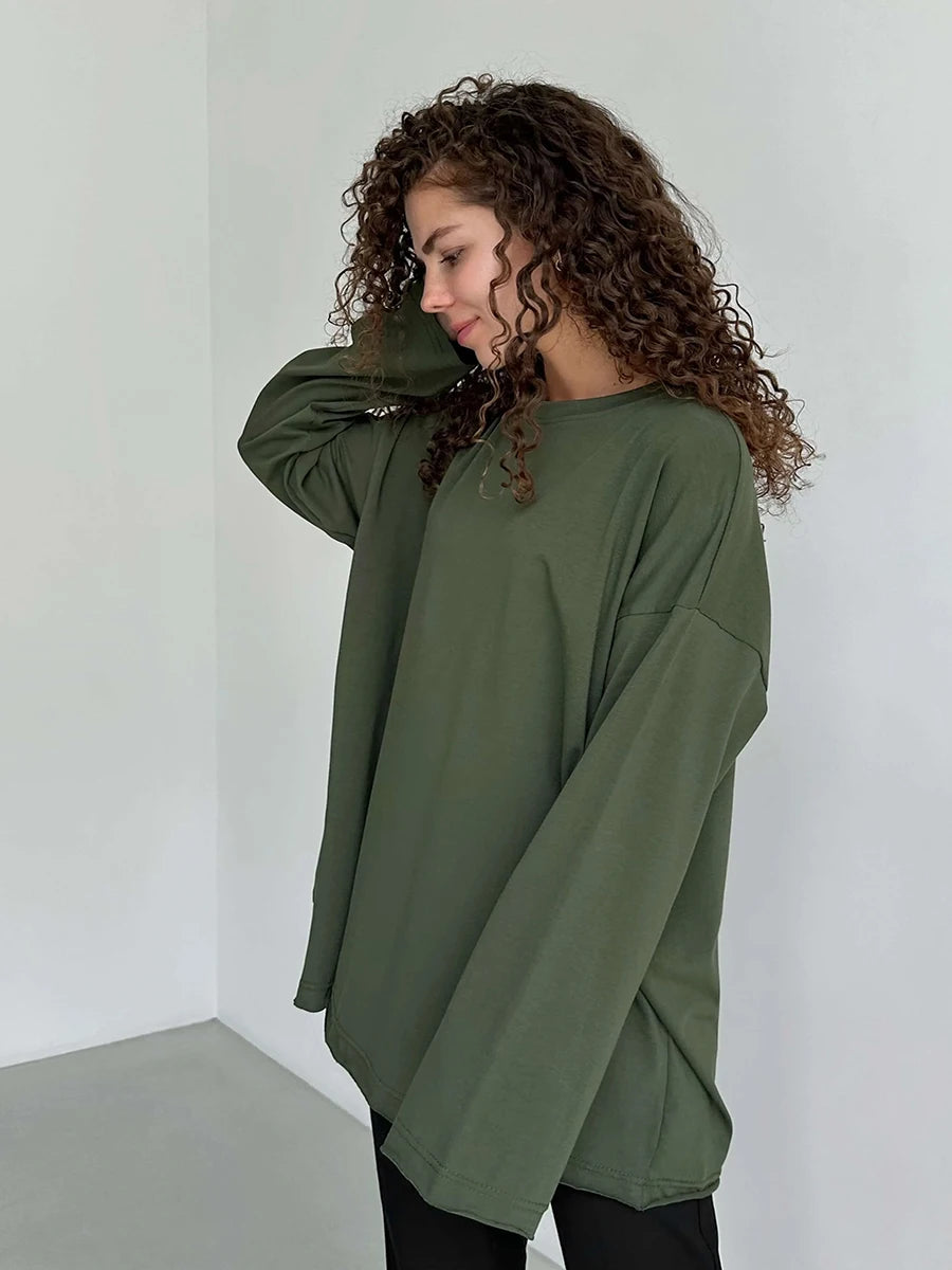 Bornladies Women Autumn 100% Cotton T-shirt Bottoming Spring Basic Fashionable Solid Lady Long Sleeve Loose Tops Shirts