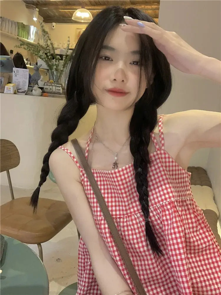 Red Plaid Camisole Women Backless Hotsweet Bandage All-match Loose College Personality Chic Summer Korean Style Fashion Ulzzang