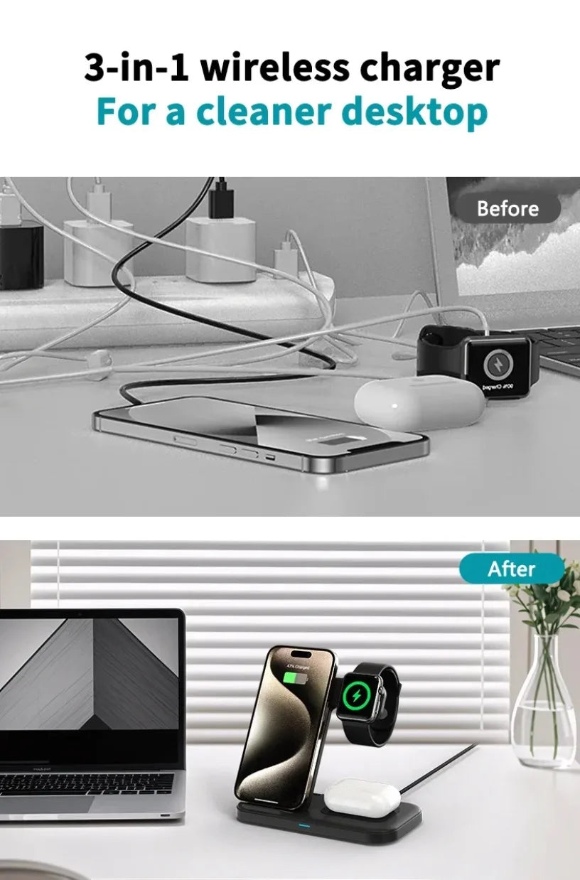 15W 3 in 1 Wireless Charger Fold Phone Chargers Desktop Charging Dock For iPhone 16-12 Pro iWatch 10~2 SE AirPods 4/3 Pro 2/1