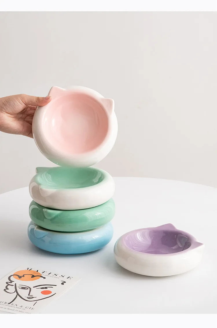 Creative Ceramic Flat Bottomed Cat Ear Shape Food Bowl Dining Plate Anti Overturning Pet Supplies Drinking Bowl