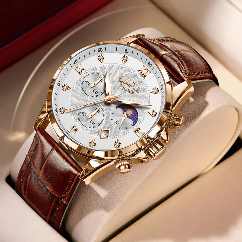 New Mens Watches LIGE Top Brand Luxury Leather Casual Quartz Watch Men's Sport Waterproof Clock Watch Relogios Masculino+Box