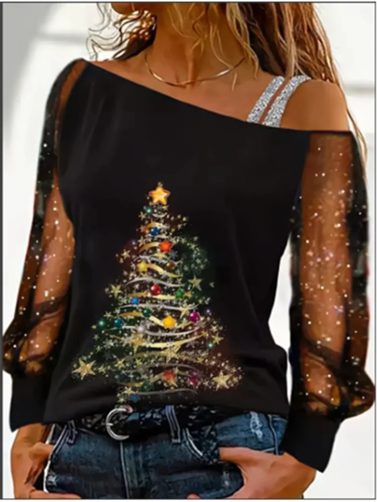 Women Fashion Casual Diagonal Collar Long Sleeve Tops Ladies Sexy Off Shoulder Loose T-shirts Net Yarn Pullover Blouses