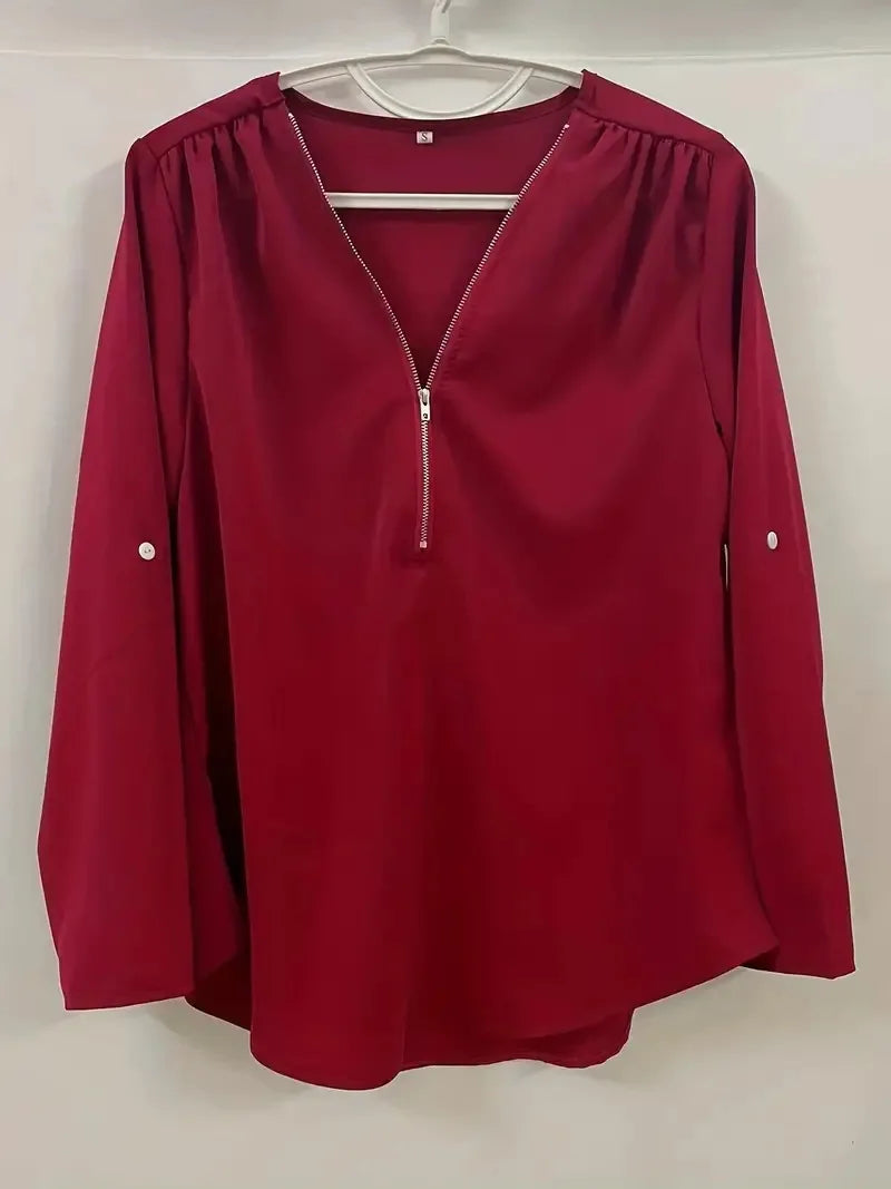 Summer Women Cool Loose Shirt Deep V Neck Chiffon Blouse Casual Ladies Tops Sexy Zipper Pullover Plus Size Long Sleeve Fashion