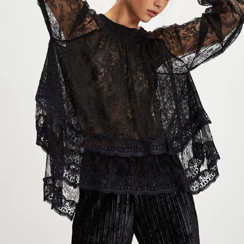 Women Sheer Lace Long Sleeve Tops Off Shoulder Lantern Sleeves Tiered Lace Solid Color See Through Tee Shirts